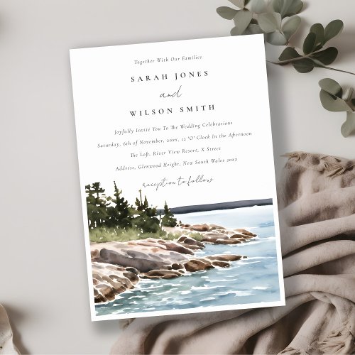 Rocky Pine Mountain Watercolor Seascape Wedding Invitation