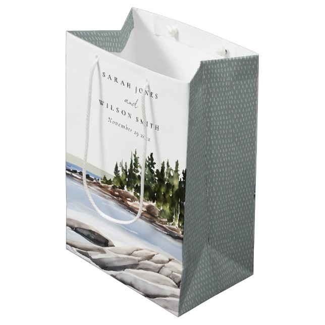 Rocky Pine Mountain Watercolor Seascape Wedding Medium Gift Bag (Front Angled)