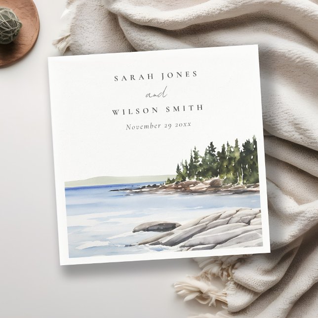 Rocky Pine Mountain Watercolor Seascape Wedding Napkins (Creator Uploaded)