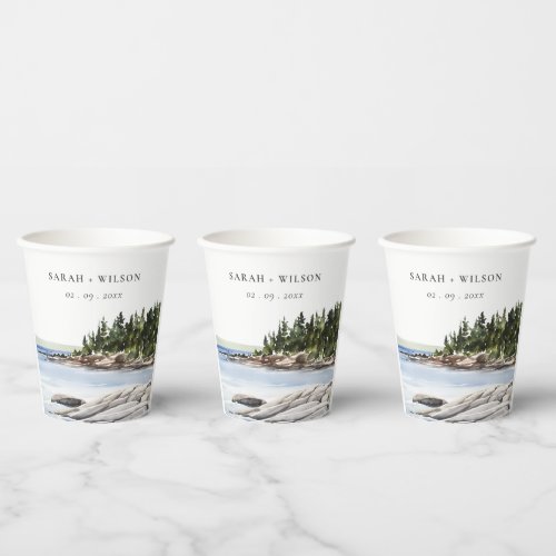 Rocky Pine Mountain Watercolor Seascape Wedding Paper Cups