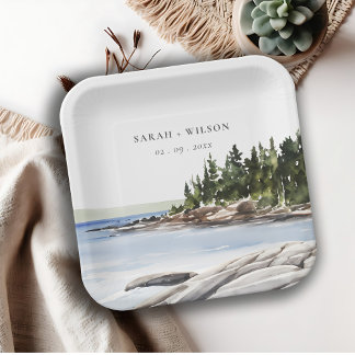 Rocky Pine Mountain Watercolor Seascape Wedding Paper Plates