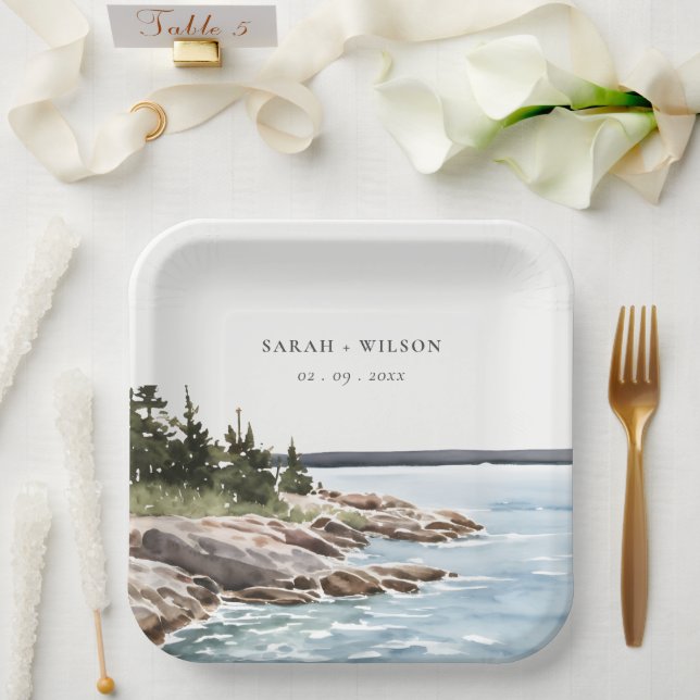 Rocky Pine Mountain Watercolor Seascape Wedding Paper Plates (Wedding)