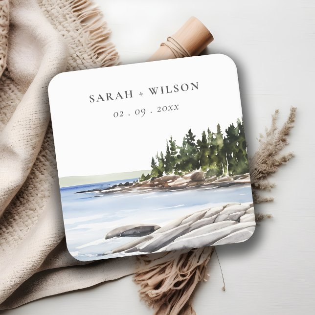 Rocky Pine Mountain Watercolor Seascape Wedding Square Paper Coaster (Creator Uploaded)