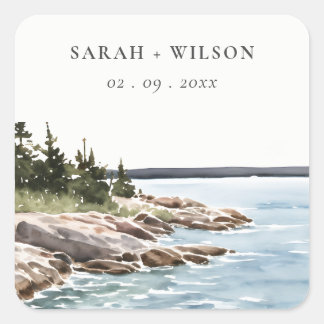 Rocky Pine Mountain Watercolor Seascape Wedding Square Sticker
