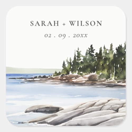 Rocky Pine Mountain Watercolor Seascape Wedding Square Sticker