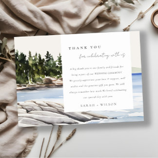 Rocky Pine Mountain Watercolor Seascape Wedding Thank You Card