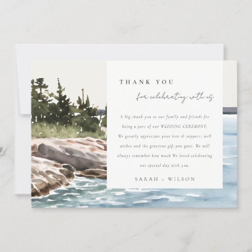 Rocky Pine Mountain Watercolor Seascape Wedding Thank You Card