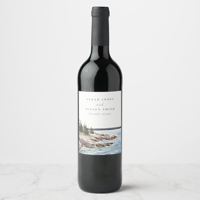 Rocky Pine Mountain Watercolor Seascape Wedding Wine Label (Front)