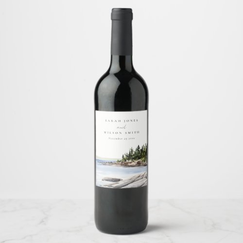 Rocky Pine Mountain Watercolor Seascape Wedding Wine Label