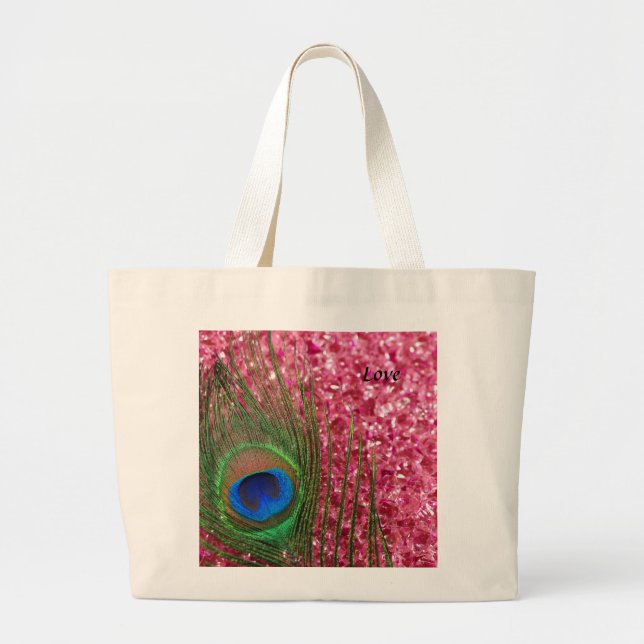 Rocky Pink Peacock Feather Large Tote Bag (Front)