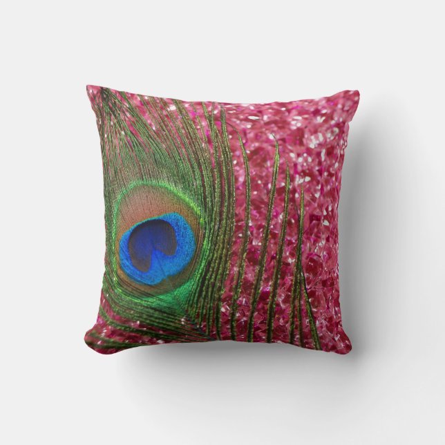 Rocky Pink Peacock Feather Still Life Throw Pillow (Front)