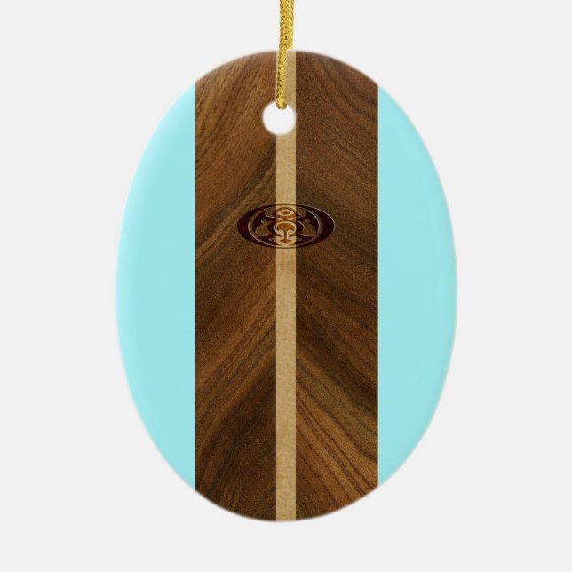 Rocky Point Hawaiian Faux Wood Surfboard Ceramic Ornament (Front)
