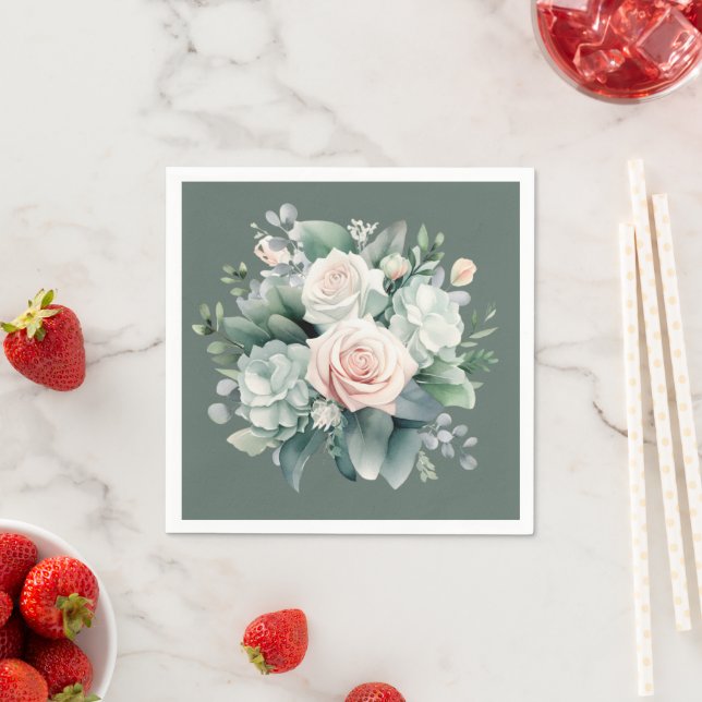 Rocky River Deep Green Blush Pink Roses Shower Napkins (Insitu)