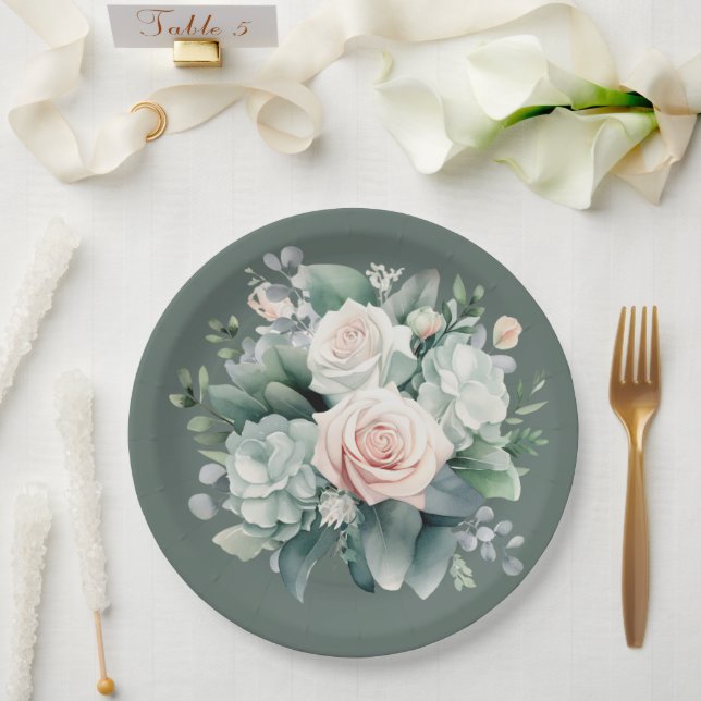 Rocky River Deep Green Blush Pink Roses Shower Paper Plates (Wedding)