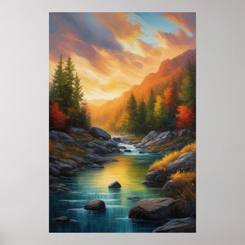 Rocky Riverbanks and Autumn Forest Under Sunset Poster