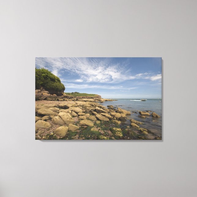 Rocky Seaside With Motorboat Traveling Canvas Print (Front)