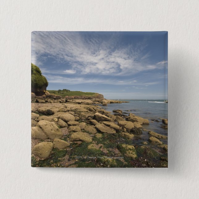 Rocky Seaside With Motorboat Traveling Pinback Button (Front)