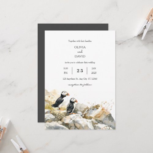 Rocky Shoreline with Puffins Couple Beach Wedding Invitation