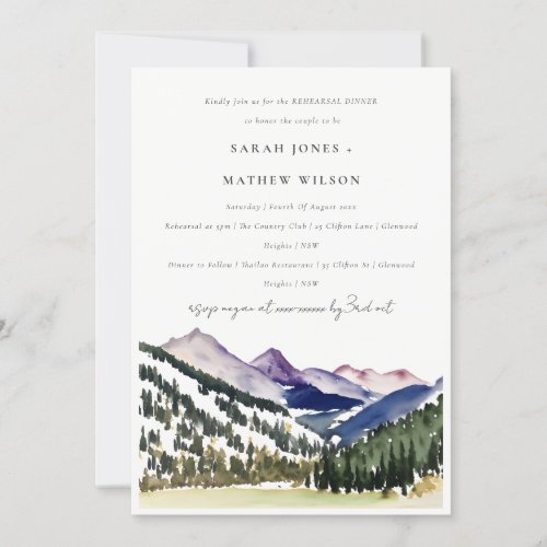 Rocky Snow Mountain Landscape Rehearsal Dinner  Invitation