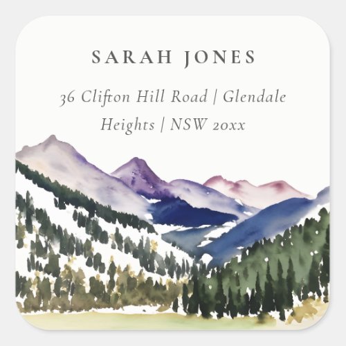 Rocky Snow Mountain Watercolor Landscape Address Square Sticker