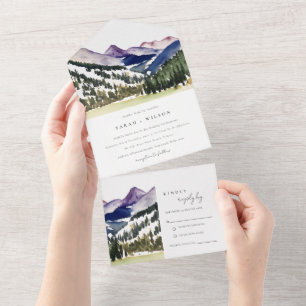 Rocky Snow Mountain Watercolor Landscape Wedding All In One Invitation