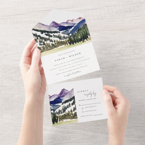 Rocky Snow Mountain Watercolor Landscape Wedding All In One Invitation