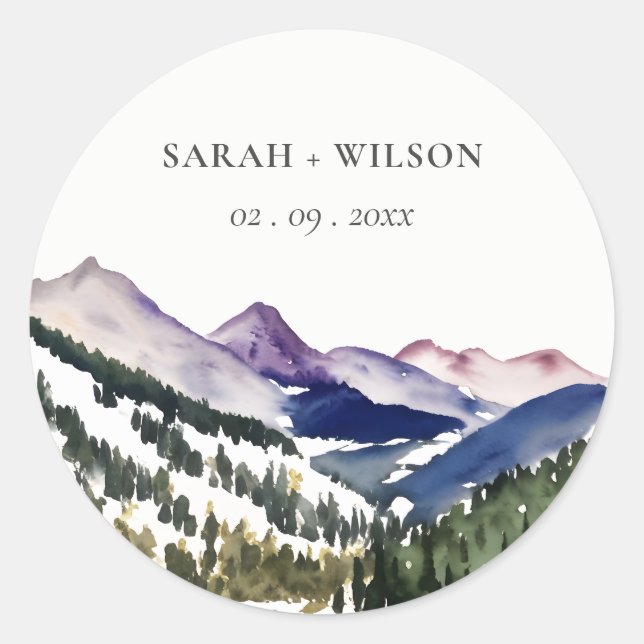 Rocky Snow Mountain Watercolor Landscape Wedding Classic Round Sticker (Front)