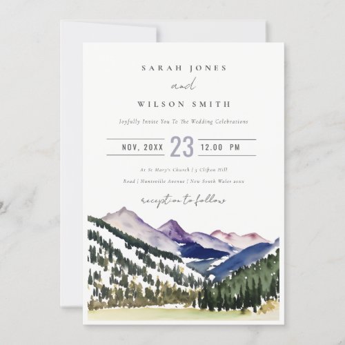 Rocky Snow Mountain Watercolor Landscape Wedding Invitation