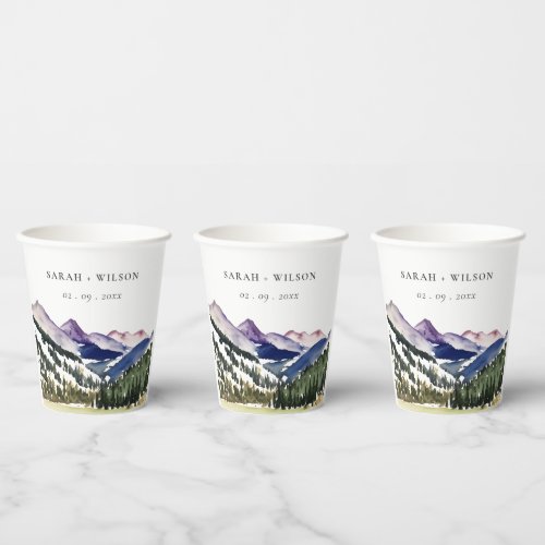 Rocky Snow Mountain Watercolor Landscape Wedding Paper Cups