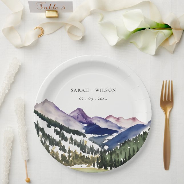Rocky Snow Mountain Watercolor Landscape Wedding Paper Plates (Wedding)