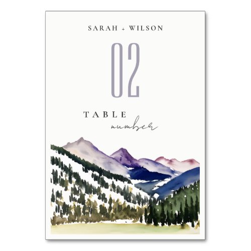 Rocky Snow Mountain Watercolor Landscape Wedding Table Number