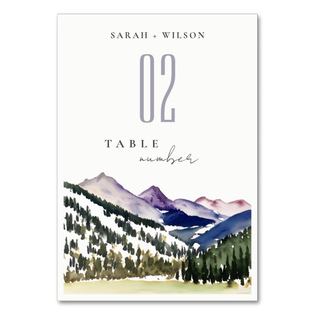 Rocky Snow Mountain Watercolor Landscape Wedding Table Number (Front)