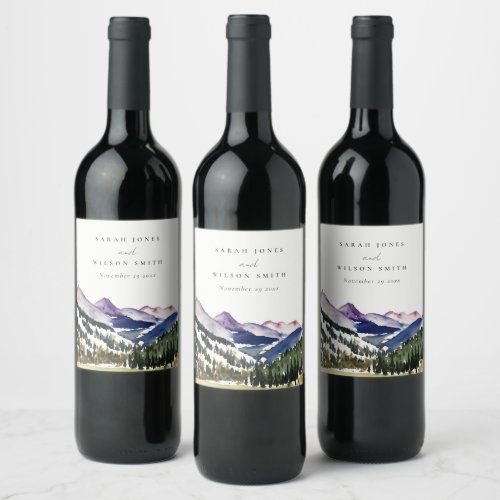Rocky Snow Mountain Watercolor Landscape Wedding Wine Label