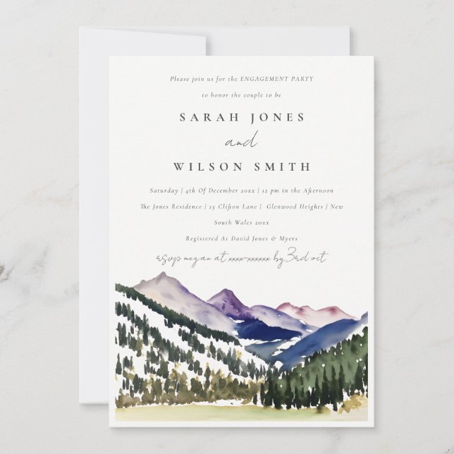 Rocky Snow Pine Mountain Landscape Engagement Invitation (Front)