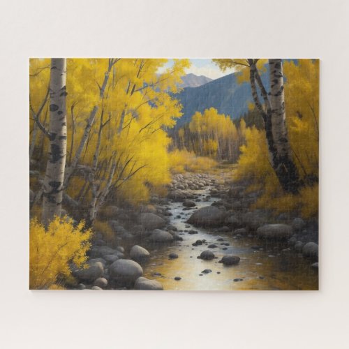 Rocky Stream With Gold Aspen Trees Painting Jigsaw Puzzle