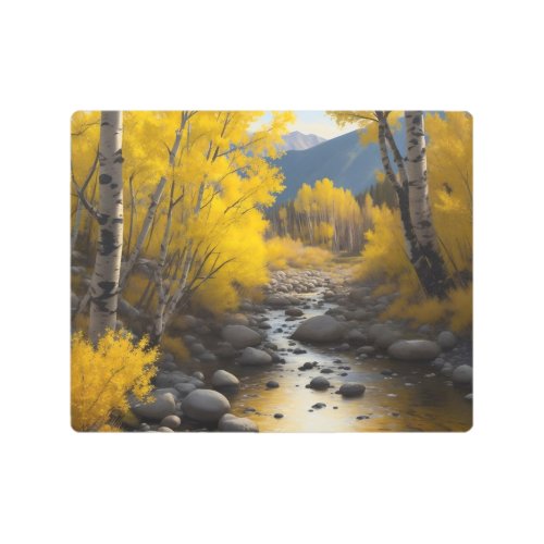 Rocky Stream With Gold Aspen Trees Painting Metal Print