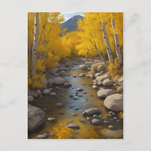 Rocky Stream With Gold Aspen Trees Painting Postcard