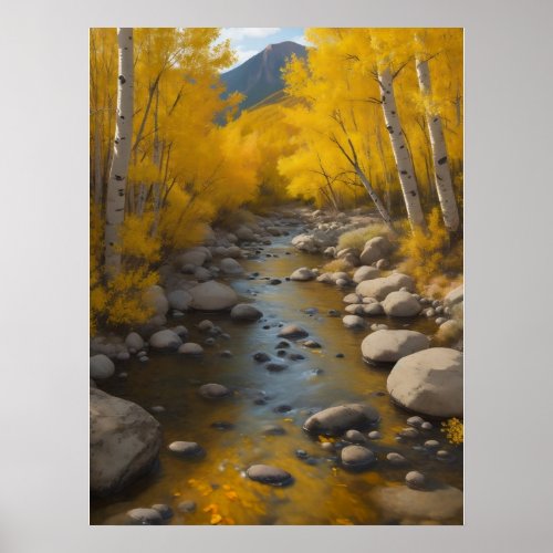 Rocky Stream With Gold Aspen Trees Painting Poster