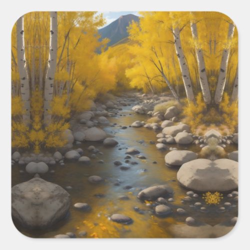 Rocky Stream With Gold Aspen Trees Painting Square Sticker