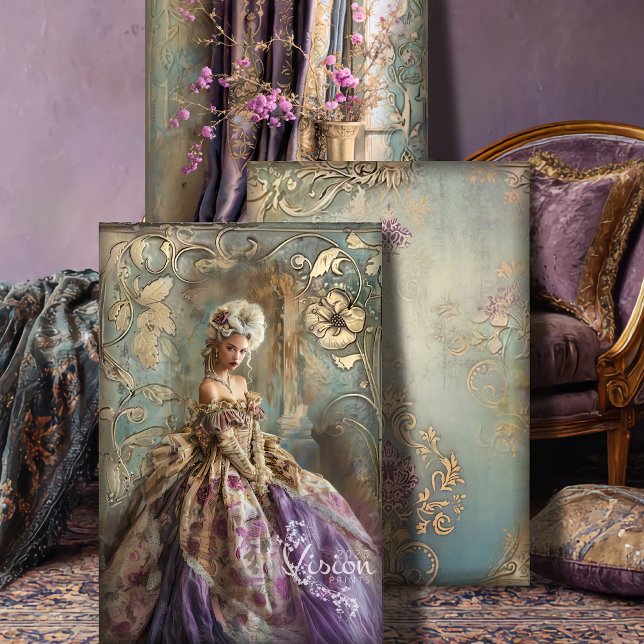 Rococo Antoinette Still Life & Damask Matching Set Wrapping Paper Sheets (Rococo Romance Brown Antoinette, Still Life Floral, Damask Patterns, Heavyweight Decoupage Set)