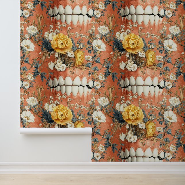 Rococo Art Teeth Flower Smile Dental Clinic Decor Wallpaper (Application)