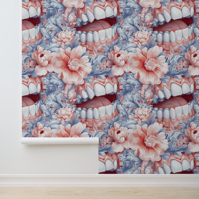 Rococo Art Teeth Flower Smile Dental Clinic Decor Wallpaper (Application)