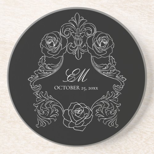 Rococo Black Gothic  Wedding Logo Crest Coaster