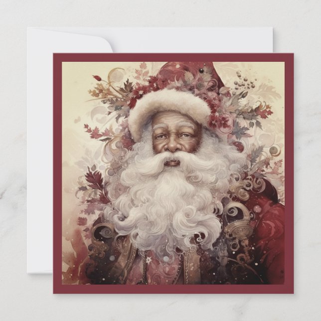 Rococo Black Santa White Beard Floral Accent Holiday Card (Front)