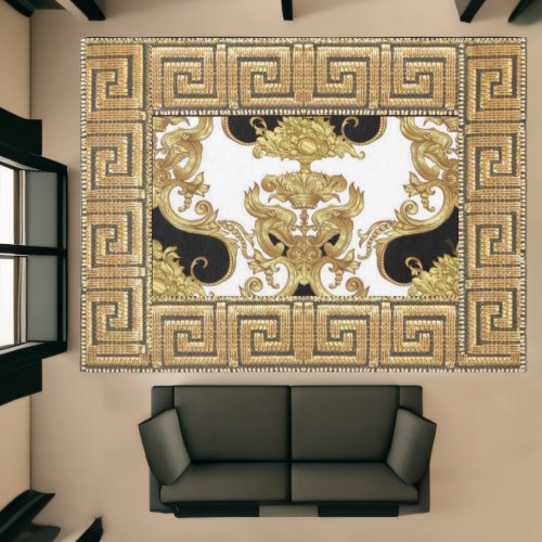 Rococo Black White and Gold Greek Key Area Rug
