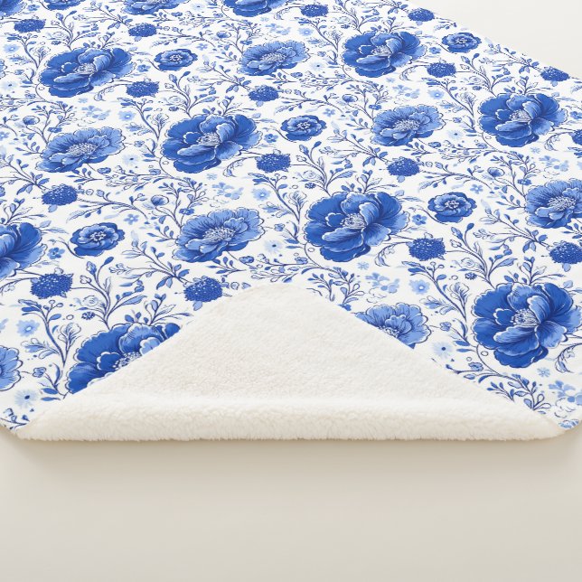 Rococo Blue Floral Elegance Sherpa Blanket (3/4)