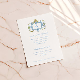 Rococo Blue Monogram Crest Rehearsal Dinner Invitation
