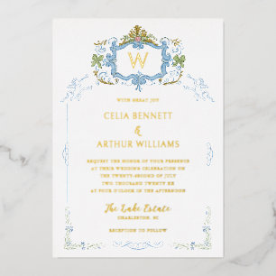 Rococo Blue Monogram Crest Wedding Foil Invitation