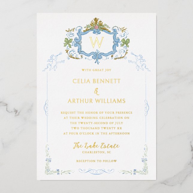 Rococo Blue Monogram Crest Wedding Foil Invitation (Front)