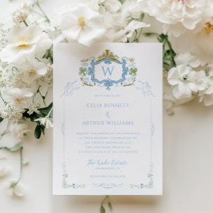 Rococo Blue Monogram Crest Wedding Invitation
